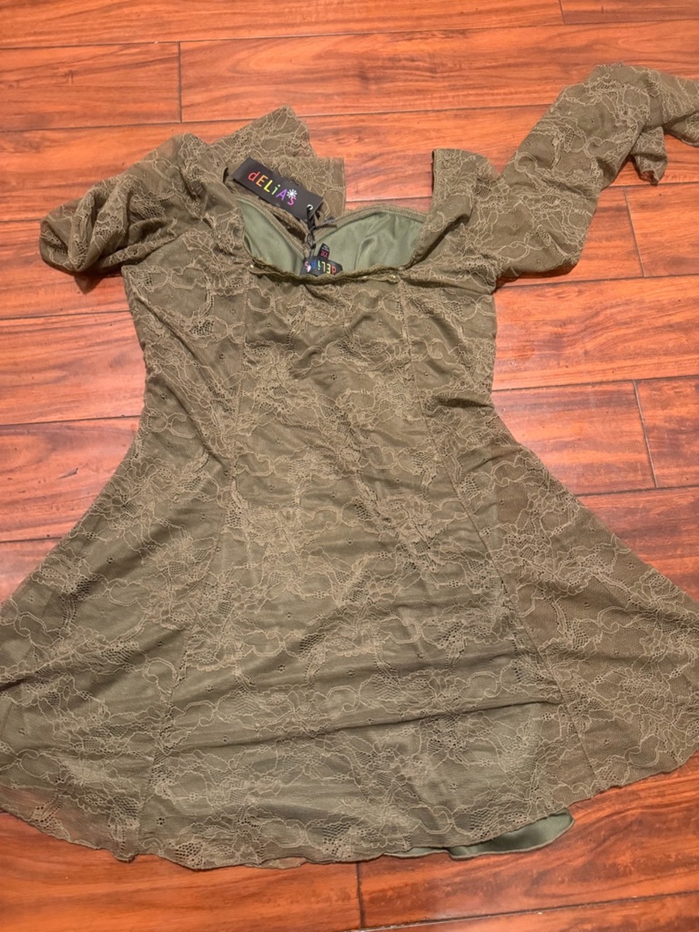 dELiA*s Olive Green Lace Long-Sleeve Sweetheart Mini Dress - Picture 4 of 11